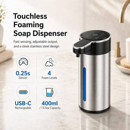 Automatic Foaming Soap Dispenser Touchless, 304 Stainless Steel Hand Soap Dispenser, USB Rechargeable, 4 Adjustable Levels, 13.5 oz (400 ml), for Kitchen & Bathroom (Black, Foam)