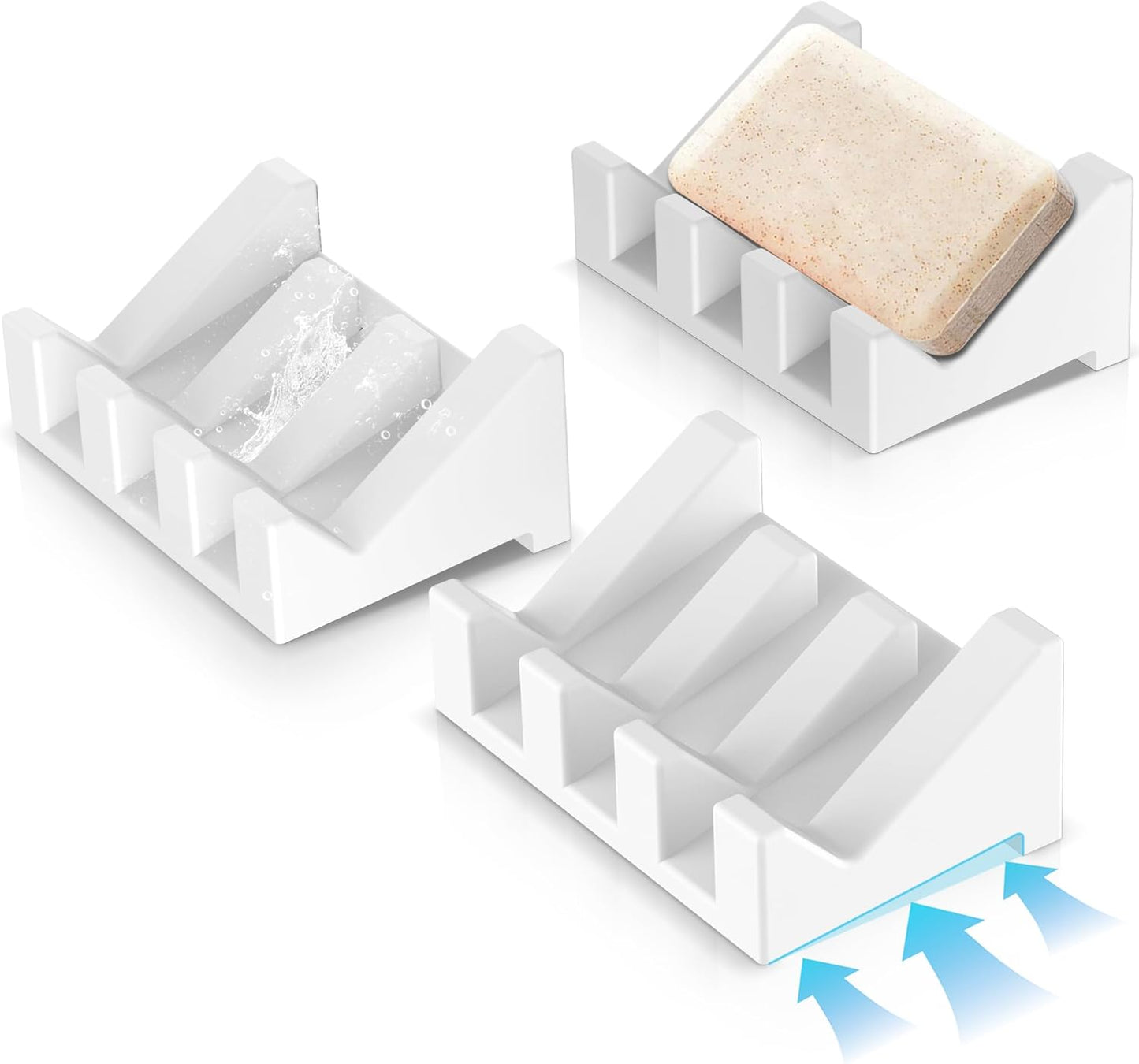 Silicone Soap Dish Set,3PCS Self Draining Soap Holder for Bar Soap | Self draining silicone soap dish with drainage,waterfall design keeps bar soap dry,extended soap holder for shower,bathroom