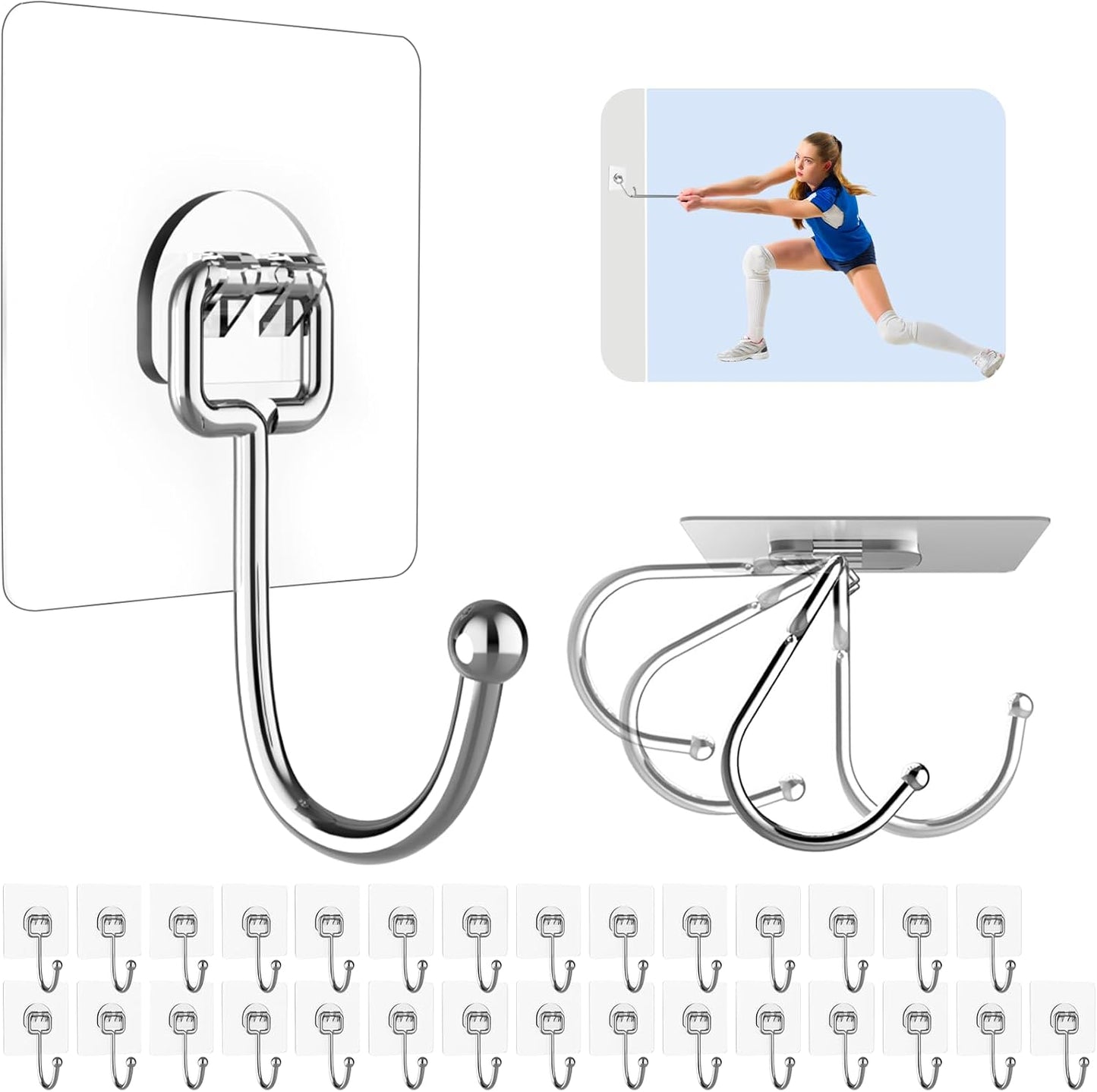 12 Pack Large Adhesive Hooks for 44 lb(Max) Hanging Heavy Duty, Self Adhesive Sticky Hooks Waterproof Stainless Steel Wall Hook for Home Bathroom Shower Kitchen Outdoor Utility Hooks