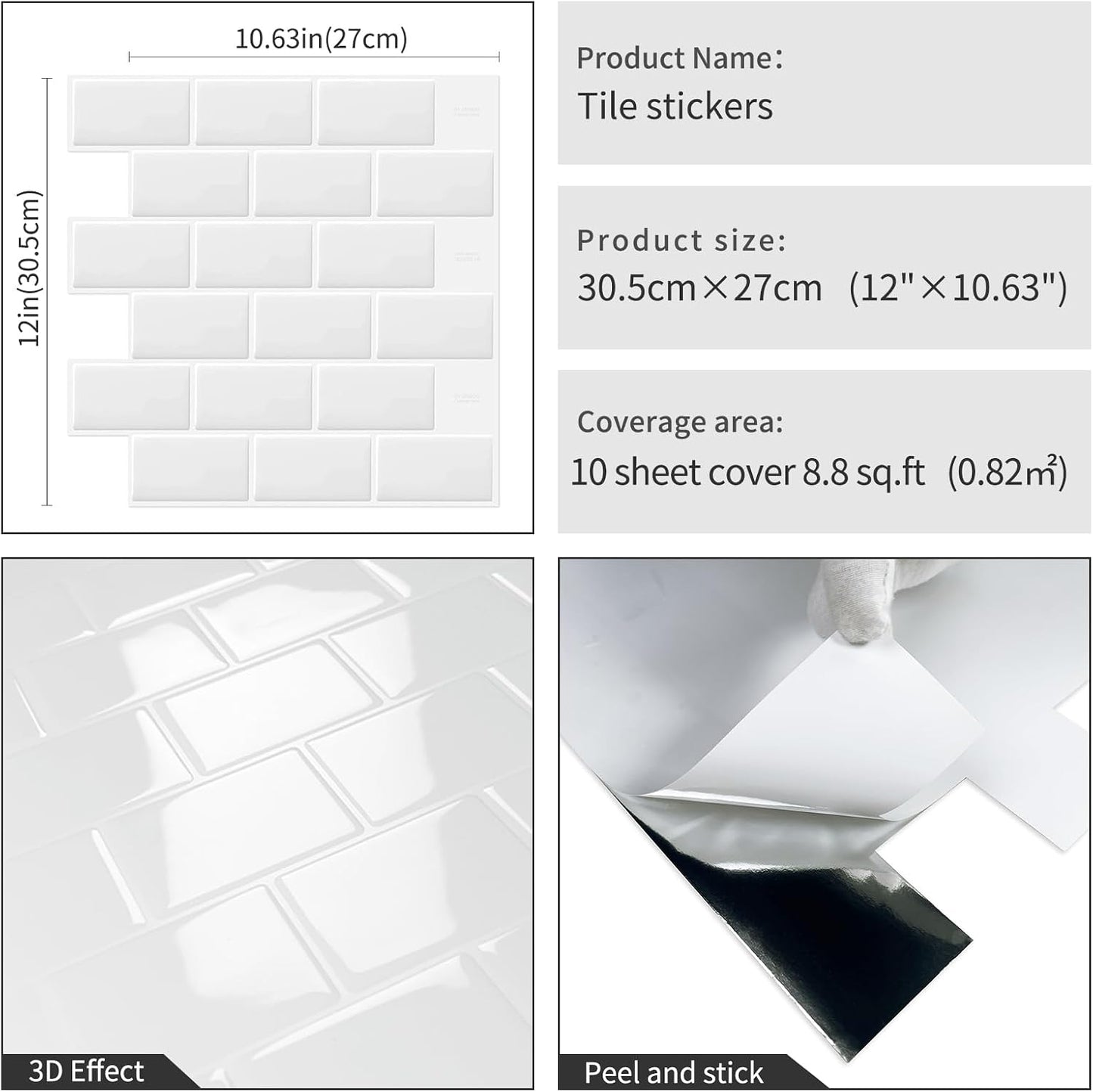 DEWOO White Peel and Stick Backsplash Subway Tile Self Adhesive Wall Tiles for Kitchen Bathroom, 10-Sheet, 12"×12"