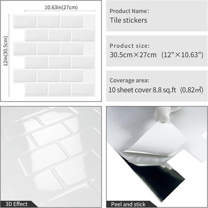 DEWOO White Peel and Stick Backsplash Subway Tile Self Adhesive Wall Tiles for Kitchen Bathroom, 10-Sheet, 12"×12"