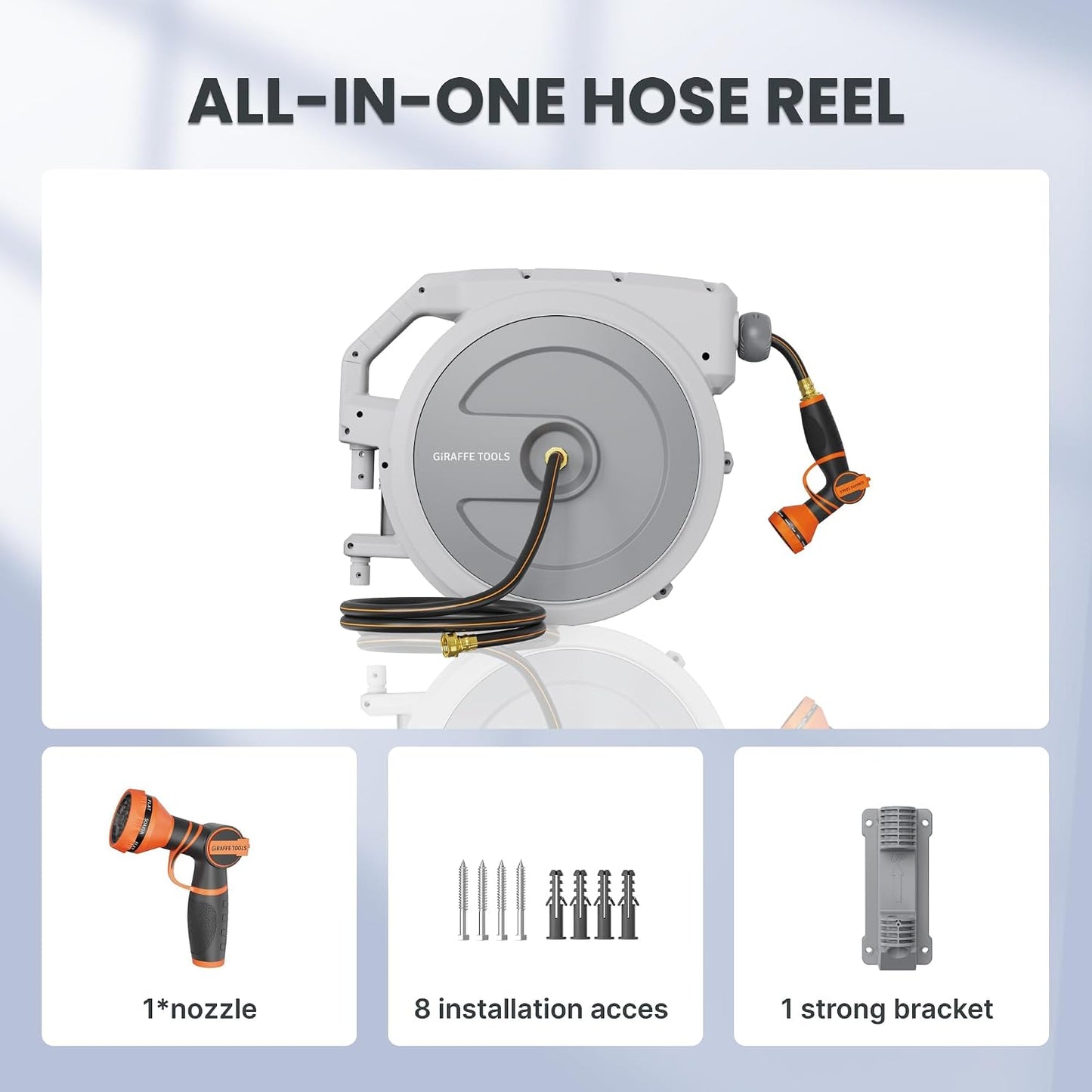 Giraffe Tools Retractable Garden Hose Reel 1/2 Inch x 100 ft, Super Heavy Duty, Any Length Lock, Slow Return System, Wall Mounted and 180 Deg Swivel Metal Bracket