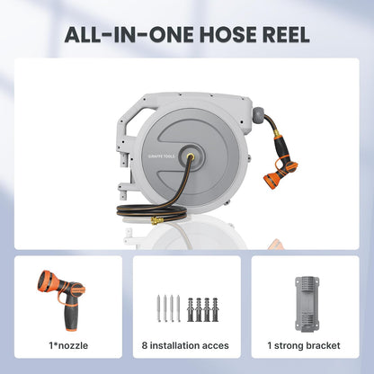 Giraffe Tools Retractable Garden Hose Reel 1/2 Inch x 100 ft, Super Heavy Duty, Any Length Lock, Slow Return System, Wall Mounted and 180 Deg Swivel Metal Bracket