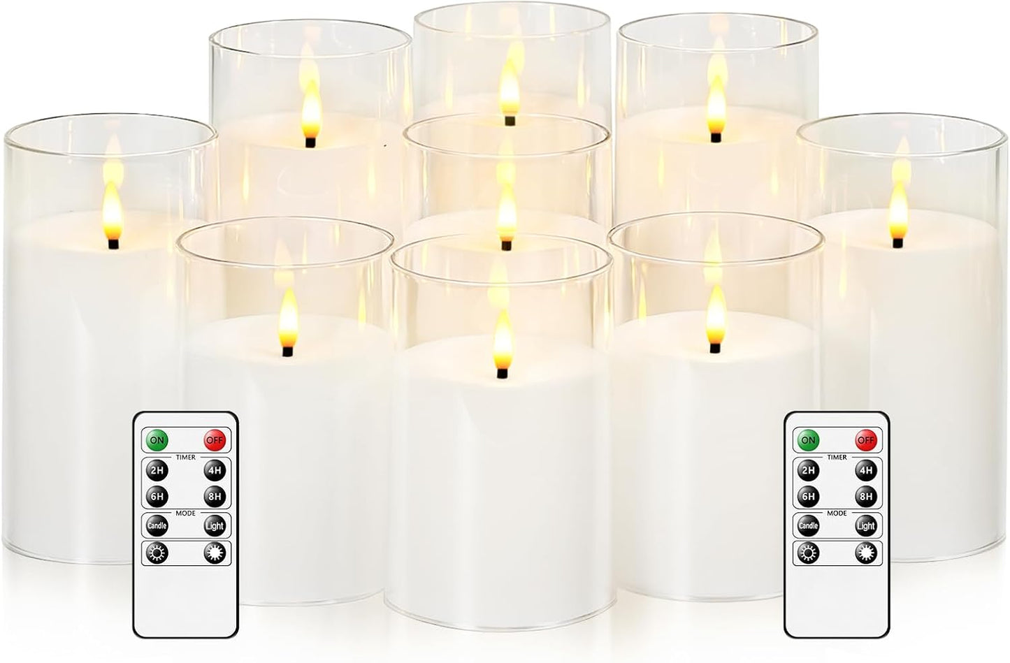 kakoya Flickering Flameless Candles Battery Operated with Remote and 2/4/6/8 H Timer Plexiglass Led Pillar Candles Pack of 9(D2.3 xH5.5 6.5" 7.5") with Realistic 3D Wick Candles for Home Decor(Ivory)