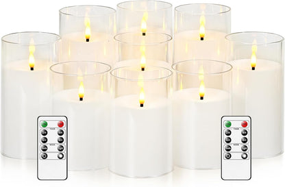 kakoya Flickering Flameless Candles Battery Operated with Remote and 2/4/6/8 H Timer Plexiglass Led Pillar Candles Pack of 9(D2.3 xH5.5 6.5" 7.5") with Realistic 3D Wick Candles for Home Decor(Ivory)
