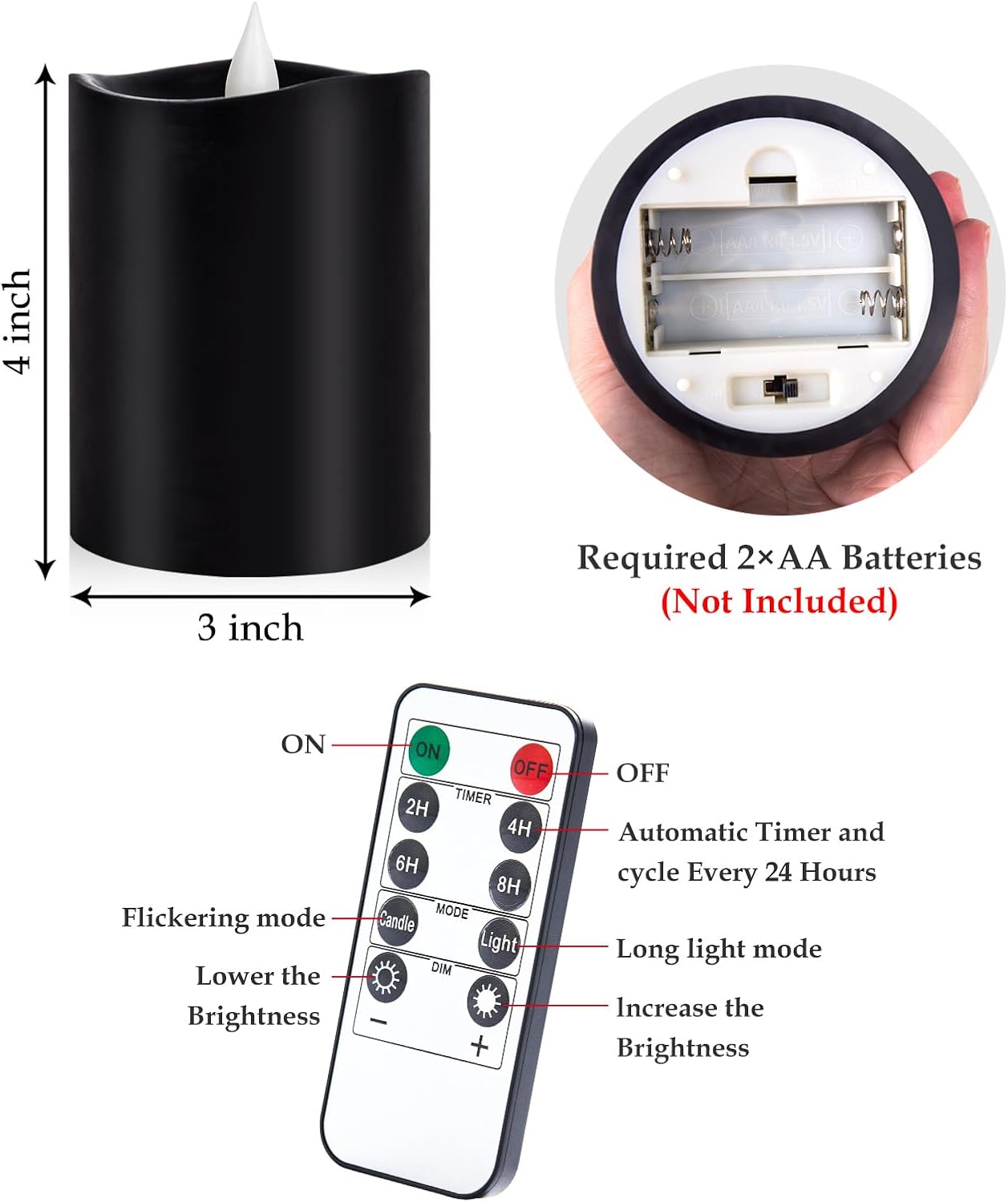 3"x4" Flickering Flameless Battery Candles with Timer, White Realistic LED Pillar Candles, Set of 2 Large Remote-Operated Candles for Home Indoor/Outdoor & Holiday Decor