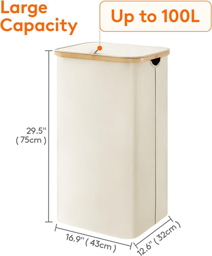 Lifewit 120L Laundry Basket with Lid, Clothes Hampers for Laundry with Bamboo Handles and 2 Removable Bag, Large Foldable Laundry Hamper for Bedroom, Bathroom, Dorm, Laundry Room, Beige