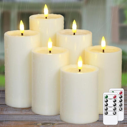 Yeelida Outdoor 4pcs Flameless Waterproof Candles with Handy Remote Control, Cycle Timer Battery Operated Candle Grease Effect LED Flickering Pillar Plastic Long Lasting (White, 3" x4" 5" 6" 7")