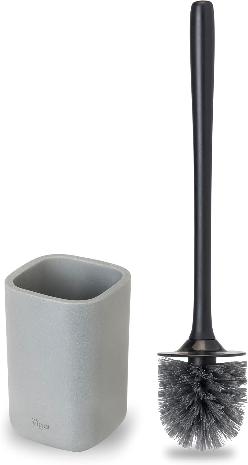 Vigar Zense Toilet Brush and Holder Set - Toilet Bowl Brush and Holder, Polyresin Stone Bathroom Accessory, Compact Toilet Cleaner Brush for Bathroom Decor and Toilet Accessories Set - White Marble