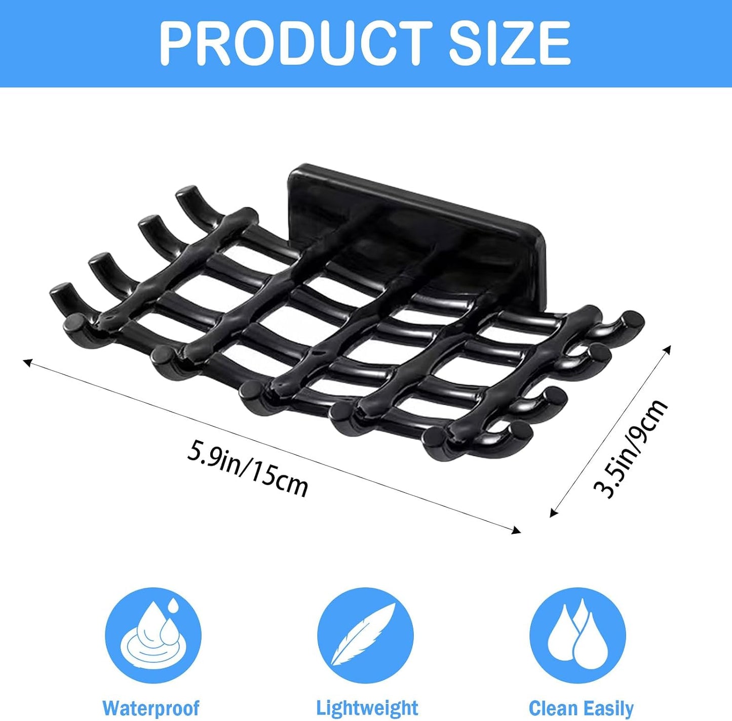 2 Pack Black Soap Bar Holder for Shower Wall - Self Draining Soap Dish with Hooks - No Drilling Waterproof Adhesive Wall Mounted Dish for Bathtub Kitchen Sink (Black)