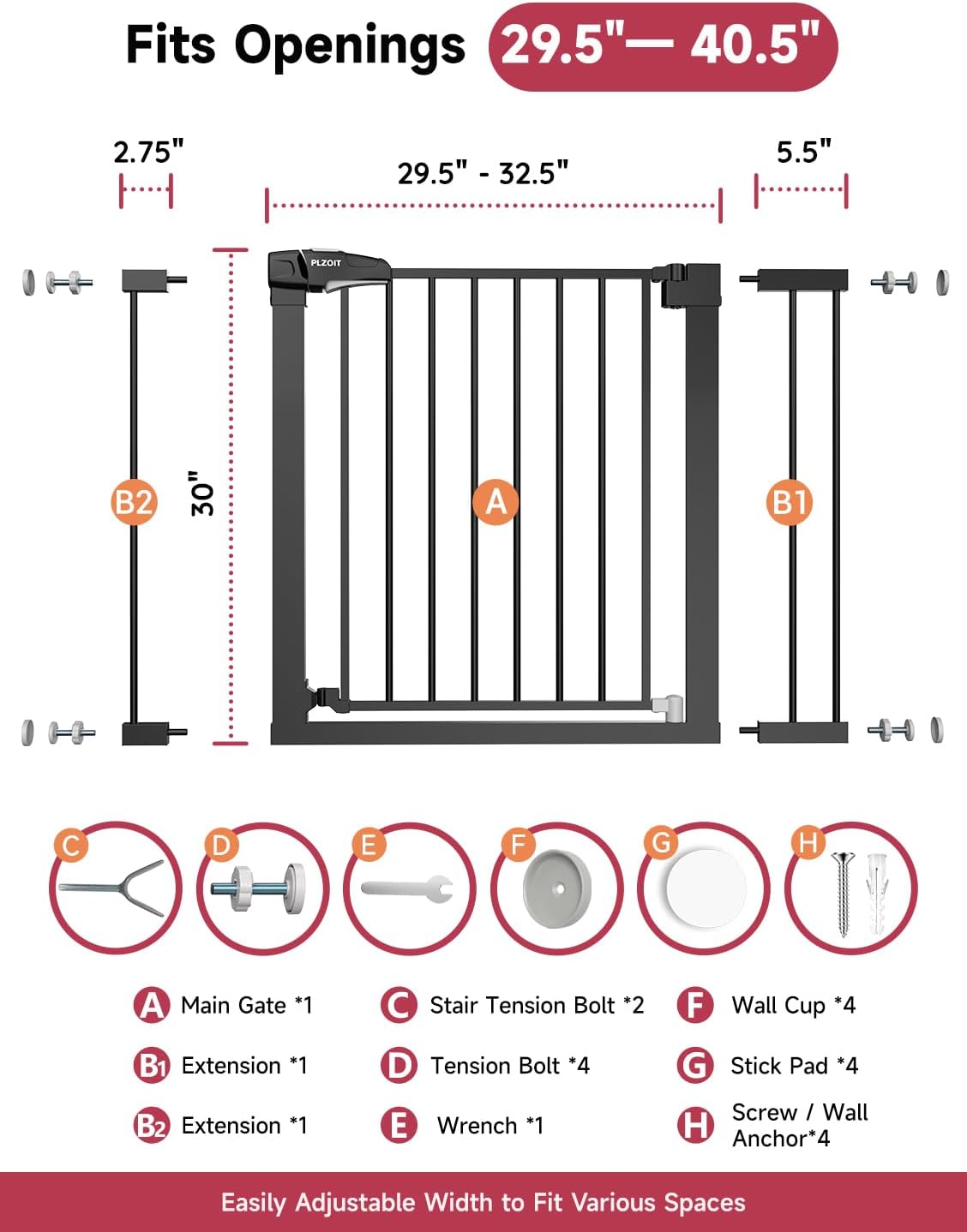 29.5-40.5" Baby Gate for Stairs, Dog Gate for Doorways, Walk Thru Auto Close Metal Baby Safety Gate for The House, Stairs and Doorways, Child Gate Pressure Mounted, Pet Gate for Dog Indoor - Black