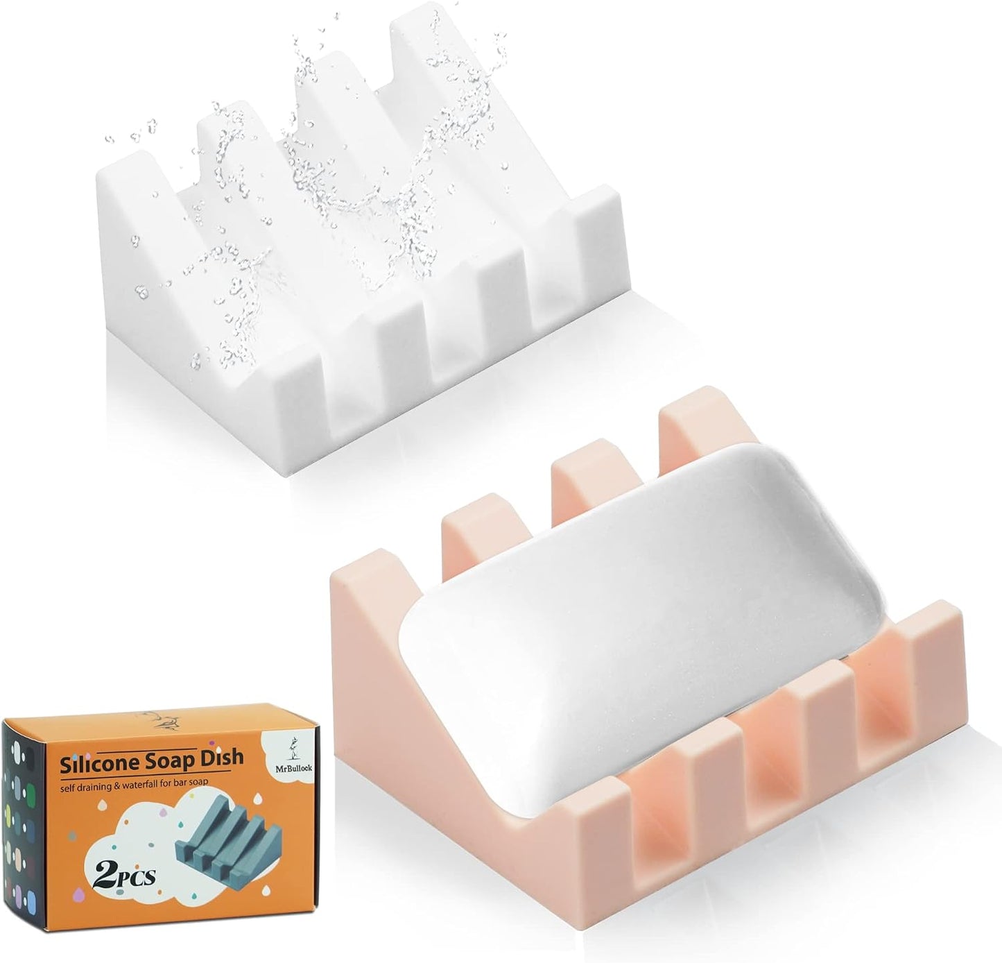Self Draining Silicone Soap Dish Holder Waterfall Tray, 2 Pack Black | Waterfall design drains fast to keep soap dry, non-slip silicone base anti slide, soap saver for bathroom & kitchen