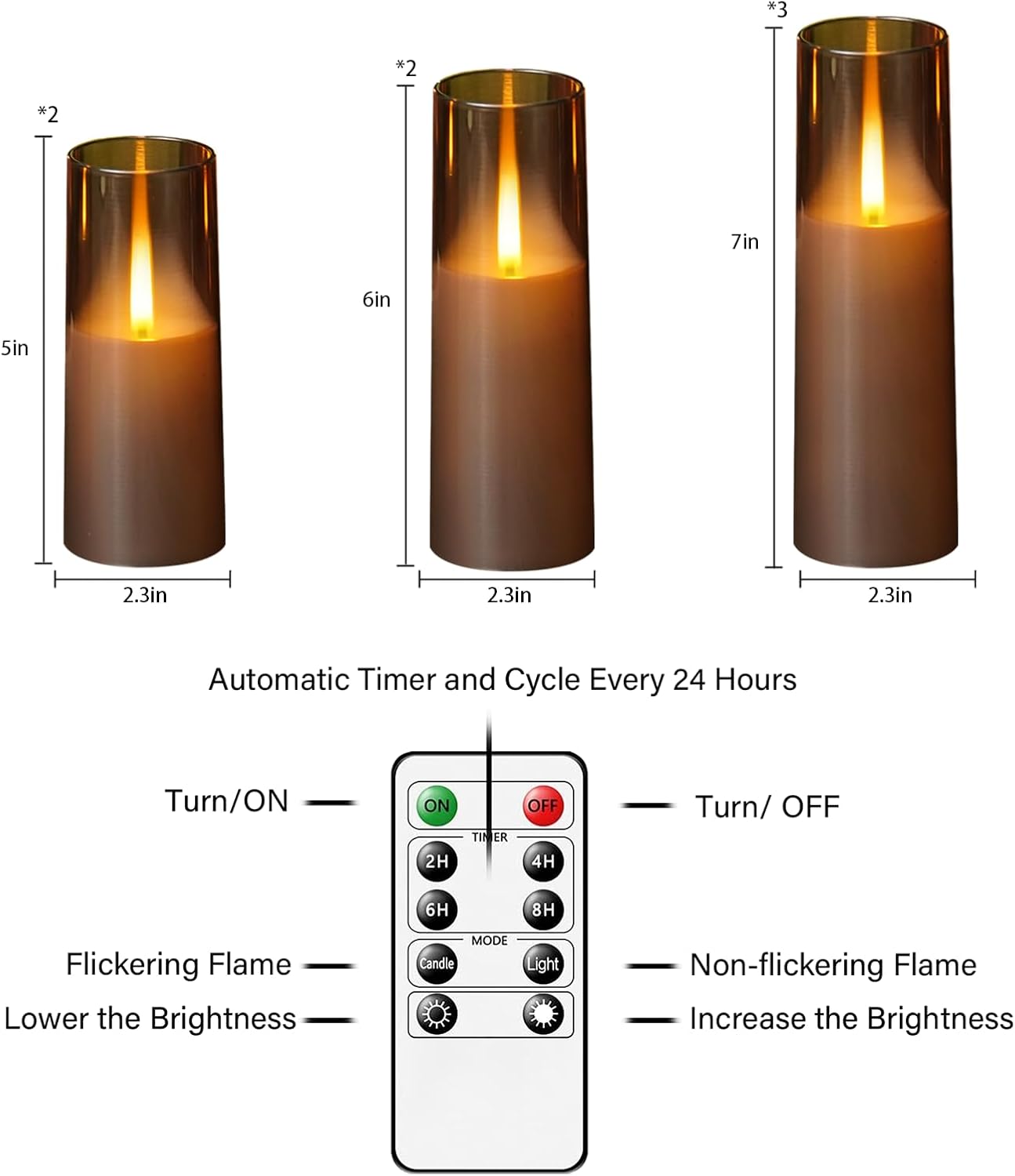kakoya Flameless Candles Upgraded Realistic Flickering Flame,Battery Operated LED Candles with Remote Timers,Acrylic Electric Candles Set of 3(D 3" xH 4" 5" 6")（Grey）
