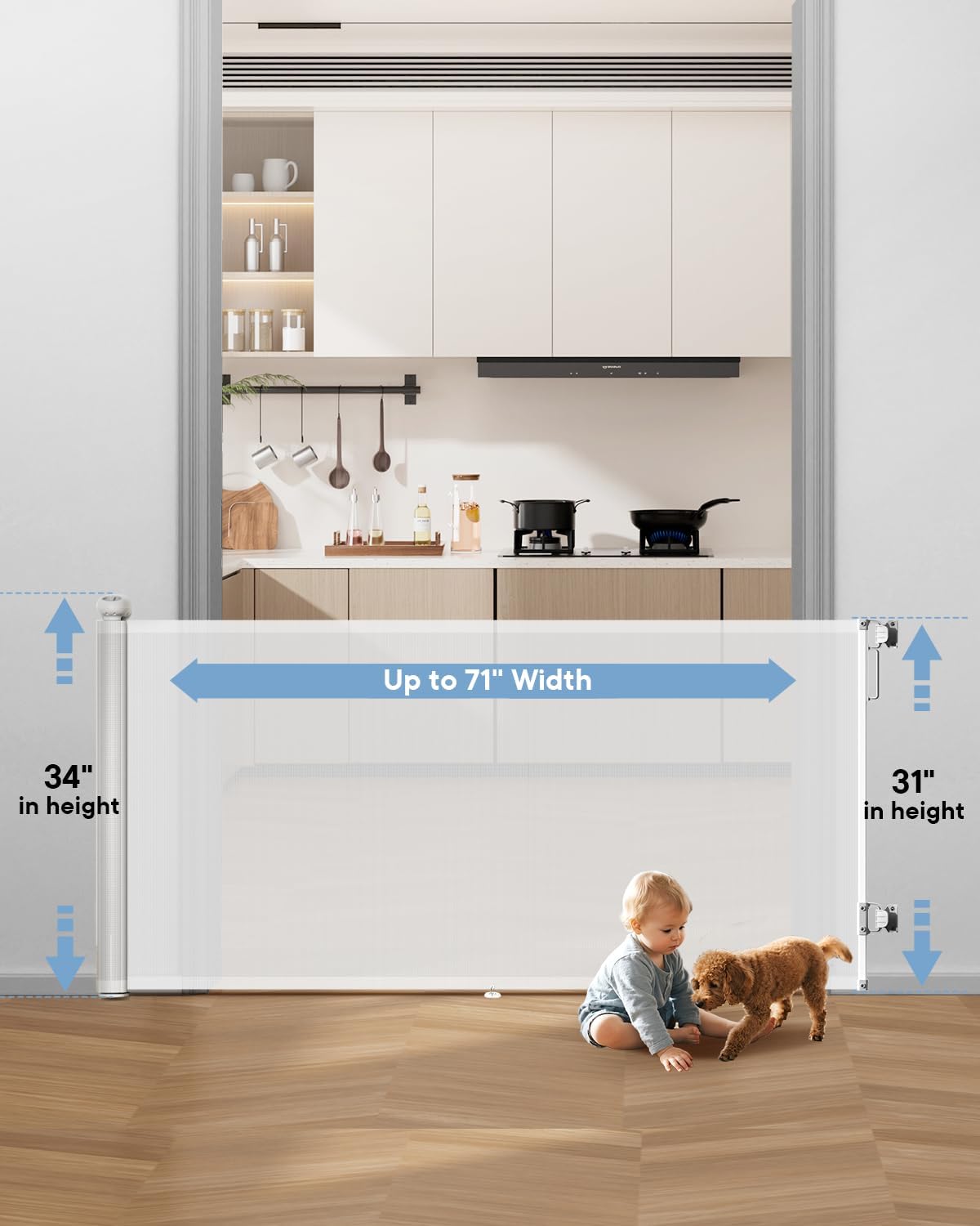 Retractable Baby Gate - 55" Wide Mesh Pet Gate with Anti-Crawling Hook, Safety Lock, One-Hand Operation, 34" Tall Baby Gate for Stairs, Doorways, Hallways, Garage, Indoor Outdoor, Black