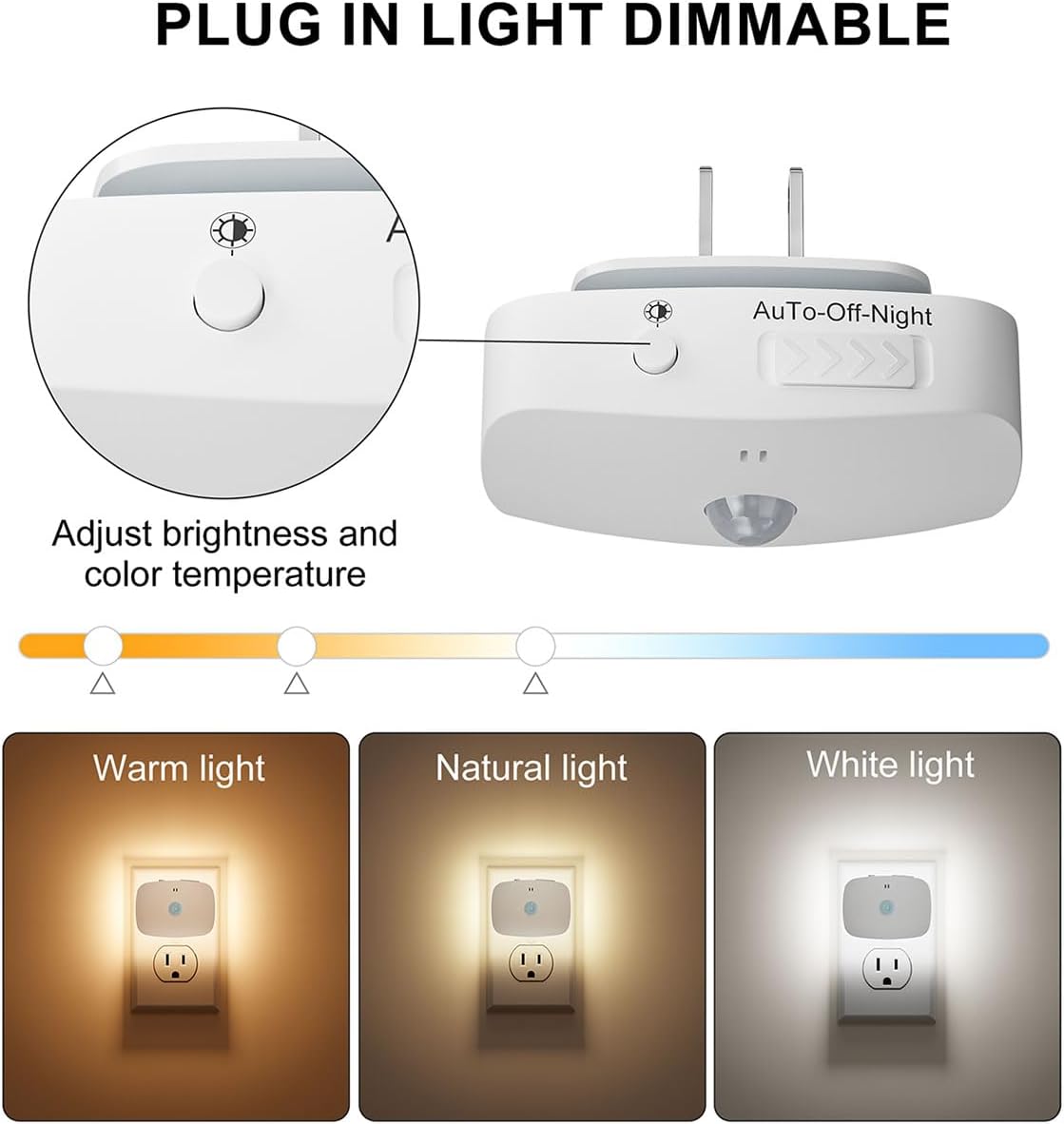 LED Night Light, Plug-in LED Backlit Night Light with Motion Sensor & Dusk to Dawn Sensor, Dimmable Nightlight 3-Color Temperature Adjustable Brightness for Bedroom Bathroom Stairs Hallway