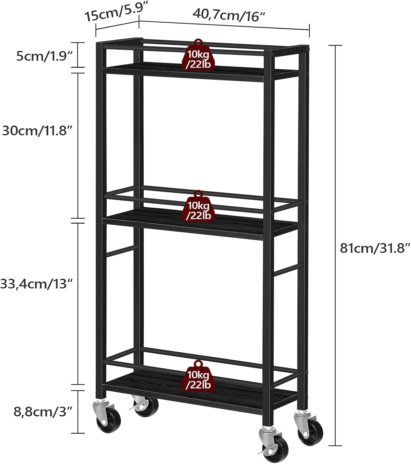 MAHANCRIS Slim Rolling Cart, Mobile Kitchen Cart on Wheels, Narrow Storage Cart for Small Space, Small Bar Cart, for Bathroom, Laundry, Living Room, Black RCHB1501