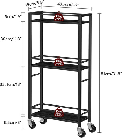 MAHANCRIS Slim Rolling Cart, Mobile Kitchen Cart on Wheels, Narrow Storage Cart for Small Space, Small Bar Cart, for Bathroom, Laundry, Living Room, Black RCHB1501