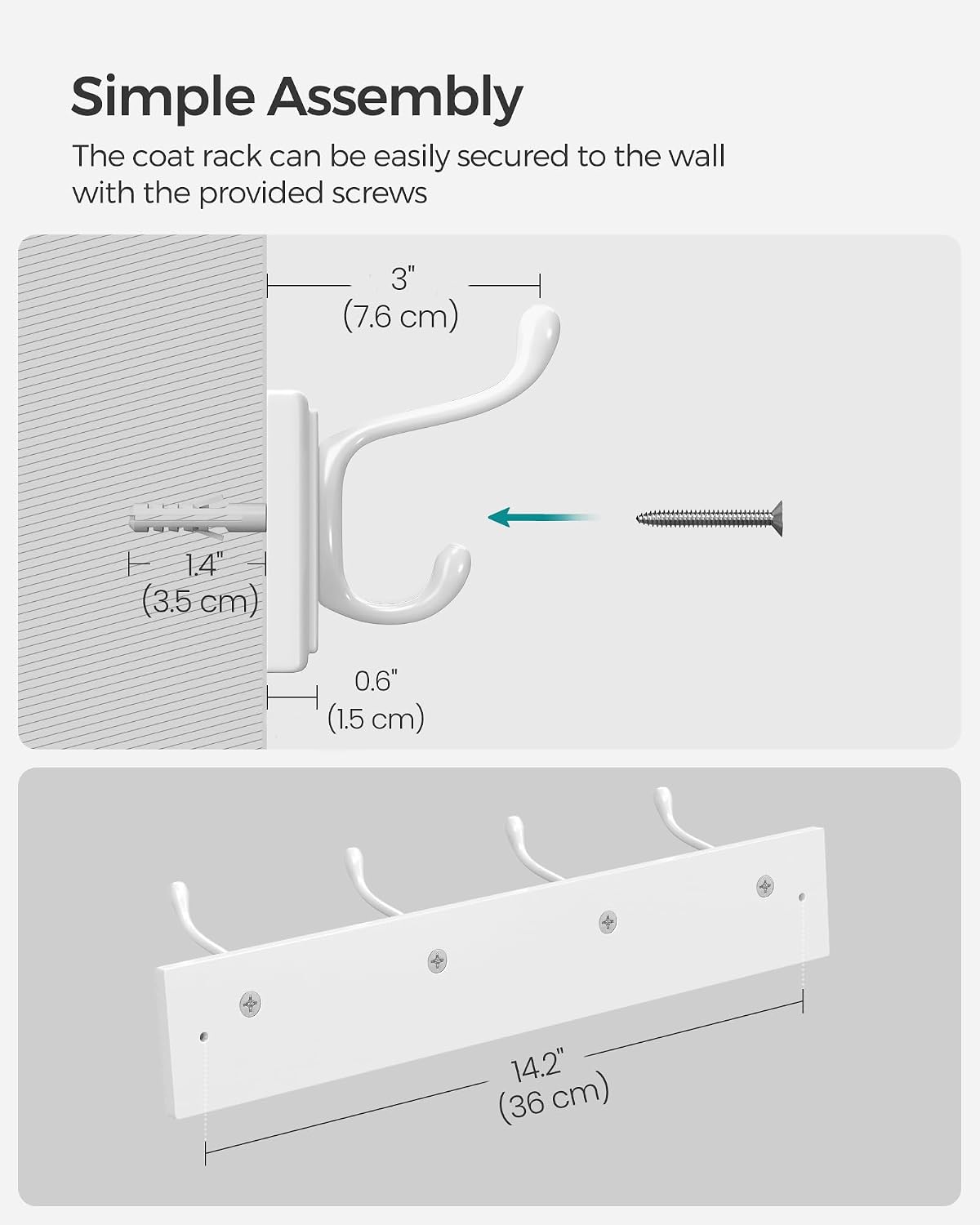 SONGMICS Wall-Mounted Coat Rack, Hook Rack, 4 Dual Metal Hooks, White | For Coats, Bags, Keys, in the Entryway, Bedroom, Living Room ULHR23WT