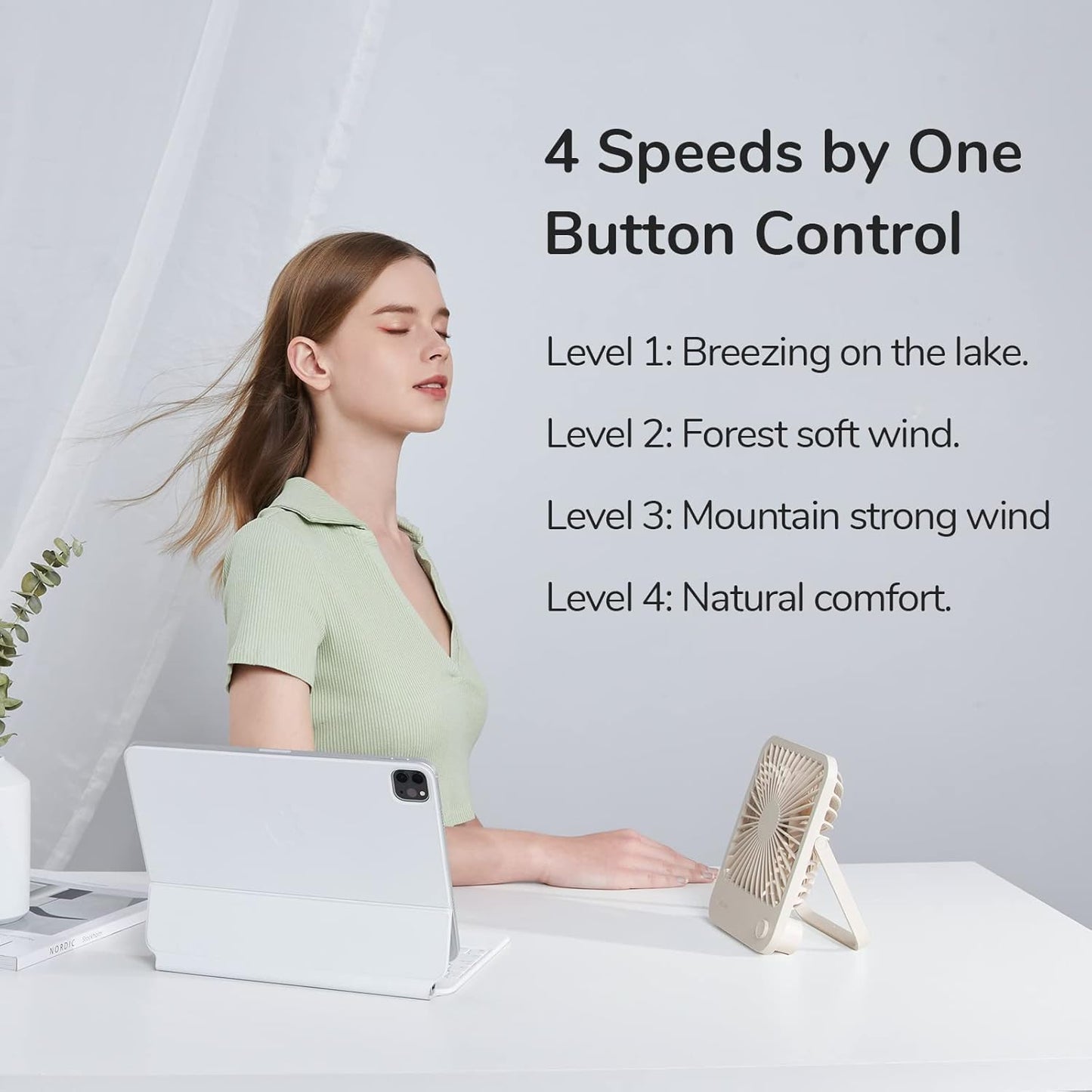 JISULIFE Desk Fan Battery Rechargeable, 4500mAh 180°Foldable Portable Personal Fan, 4 Speeds Adjustable Long Battery-life for Home Office Travel Outdoor Gifts for Women Men-White