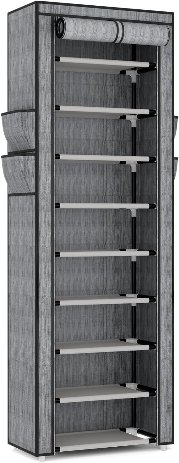 VILICK Shoe Rack with Cover Narrow Shoe Organizer with 4 Side Pockets 10 Tier Tall Shoe Storage Holds 18-22 Pairs Shoes and Boots Shoe Rack for Closet Entryway Garage