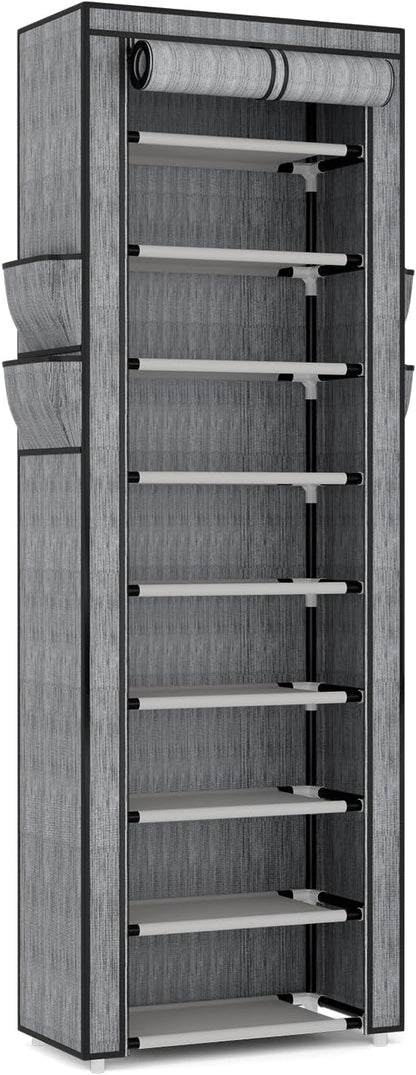 VILICK Shoe Rack with Cover Narrow Shoe Organizer with 4 Side Pockets 10 Tier Tall Shoe Storage Holds 18-22 Pairs Shoes and Boots Shoe Rack for Closet Entryway Garage