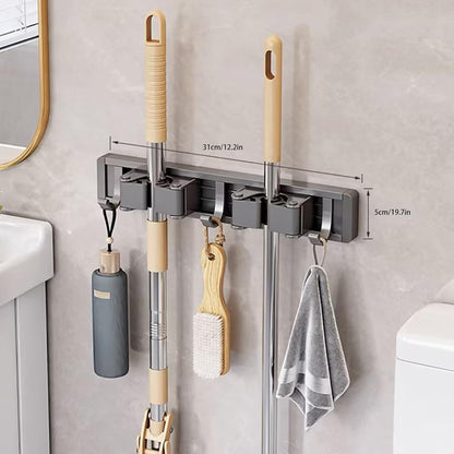Broom Holder Wall Mount Movable Hooks and Clips Mop and Broom Hanger Wall Mounted Aluminum Garage Tool Organizer Storage Adhesive (Silver: 5 clips with 6 hooks)