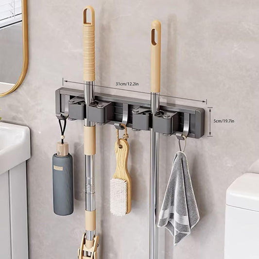 Broom Holder Wall Mount Movable Hooks and Clips Mop and Broom Hanger Wall Mounted Aluminum Garage Tool Organizer Storage Adhesive (Silver: 5 clips with 6 hooks)