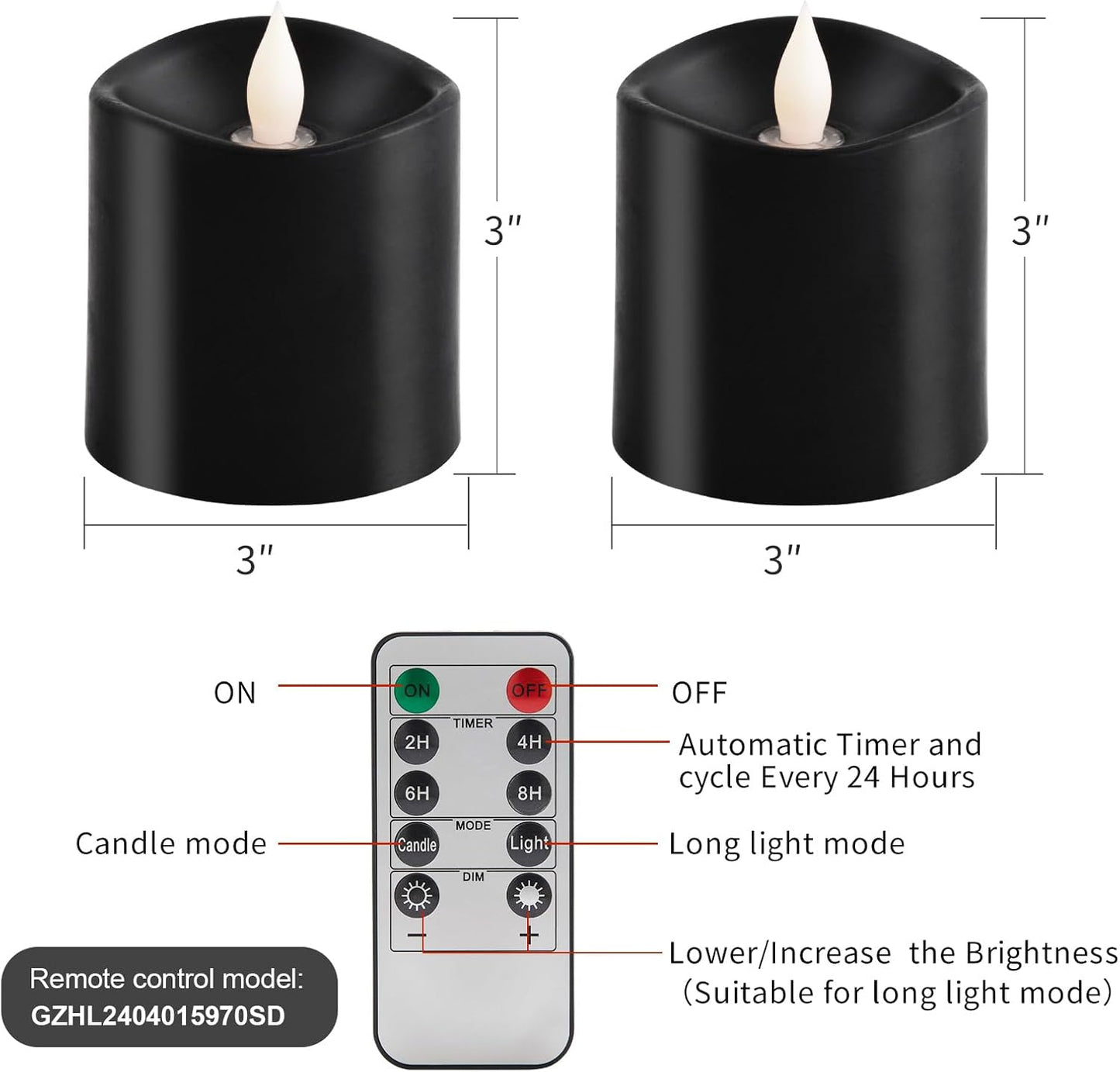 3x3 Flickering Flameless Candles Set of 2, 2AA Battery Life 600 Hours Battery Candles Flickering with Timer,3 inch Flameless Candles with Remote for Indoor/Outdoor, Ivory