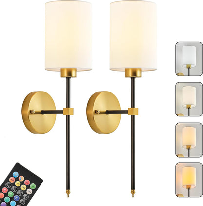 Battery Operated Wall Sconces Set of Two,Wireless Rechargeable Wall Light With Remote Control, Dimmable, Amber Light/Warm White/Natural White/Daylight/RGB, Timer,for Living Room,Bedroom,Entryway,Gold