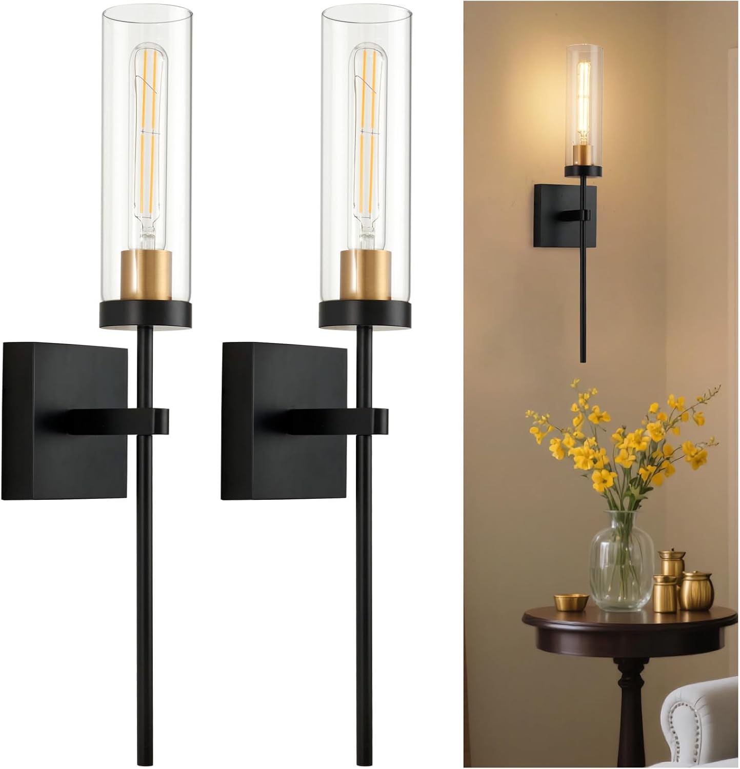 Wireless Wall Sconces with Remote Control, Battery Operated Wall Sconce Set of 2, Black & Gold Rechargeable Dimmable Wall Light for Bedroom Living room Bathroom Hallway Entryway Stairwell, 3000K