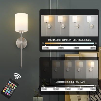 Battery Operated Wall Sconces Set of Two,Wireless Rechargeable Wall Light With Remote Control, Dimmable, Amber Light/Warm White/Natural White/Daylight/RGB, Timer,for Living Room,Bedroom,Entryway,Gold