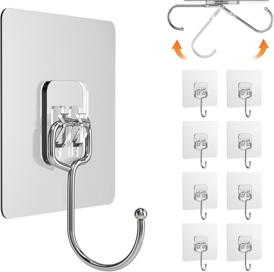 10 Pack Large Adhesive Hooks, Wall Hooks for Hanging Heavy Duty 22Ib(Max), Clear and Removable Strong Sticky Hooks, Waterproof and Rustproof Multiple Uses for Bathroom Kitchen Office