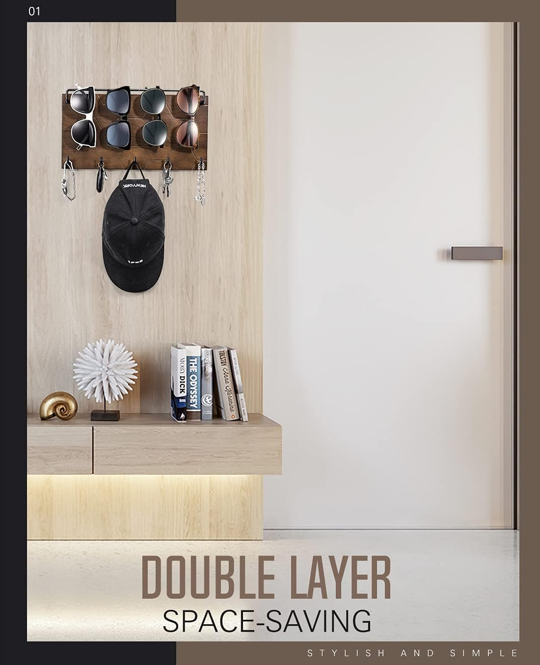 Emibele Sunglass Organizer Wall Key Holder,Decorative Wood Wall Organizer | Glasses & Sunglass Holder Display with 5 Hooks Key Rack Hanging Eyeglass Storage for Entryway Living Room