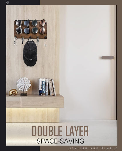 Emibele Sunglass Organizer Wall Key Holder,Decorative Wood Wall Organizer | Glasses & Sunglass Holder Display with 5 Hooks Key Rack Hanging Eyeglass Storage for Entryway Living Room