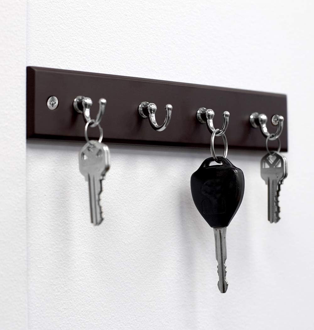 4 Hook Wall Mounted Key Rack by Home Basics | Engineered Cherry Wood Finish for Organizing Keys, Coats, and Accessories | Simple Design adds a Function Addition to Any entryway, Kitchen, or Hallway