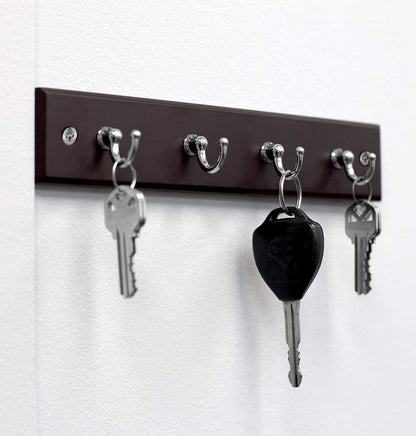 4 Hook Wall Mounted Key Rack by Home Basics | Engineered Cherry Wood Finish for Organizing Keys, Coats, and Accessories | Simple Design adds a Function Addition to Any entryway, Kitchen, or Hallway