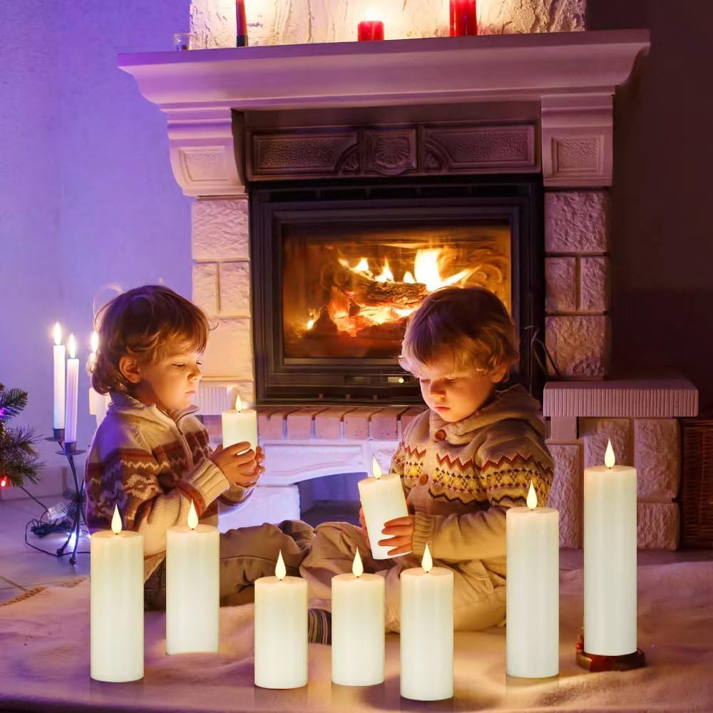 Flameless Flickering Battery Operated Candles D2.2''*H4 5" 6" 7" 8" 9" Set of 9 Ivory Real Wax Pillar LED Candles with 10-Key Remote and Cycling 24 Hours Timer (Ivory)