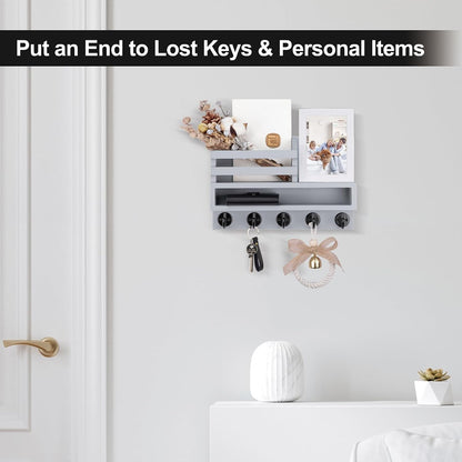 Key and Mail Holder Wall Mount, Key Hanger with Long Storage Box and 5 Hooks for Coat, Dog Leash, Home Decor Rack, House Accessories, Entry Way Organizer 11.8”W x 7.8”H x 3.2”D