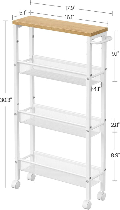 VASAGLE Slim Rolling Cart, 4-Tier Narrow Storage Cart with Handle, 5.1 Inches Deep, Metal Frame, for Kitchen, Dining Room, Living Room, Home Office, Rustic Brown and Classic Black ULRC032B01V1