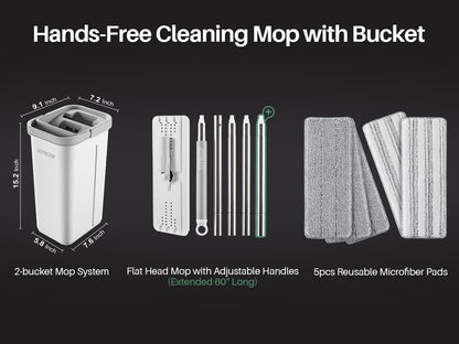 JOYMOOP Mop and Bucket with Wringer Set, Hands Free Flat Floor Mop and Bucket, 60" Mop with 3 Reusable Microfiber Pads, Wet and Dry Use, Floor Cleaning System