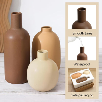 CUCUMI Ceramic Vase Set of 5, Home Decor Farmhouse Décor Handmade Pottery Vases for Pampas Grass, Dried Fresh Flowers, Table, Living Room, Kitchen, Shelf, Entryway Mantel Neutral Tones