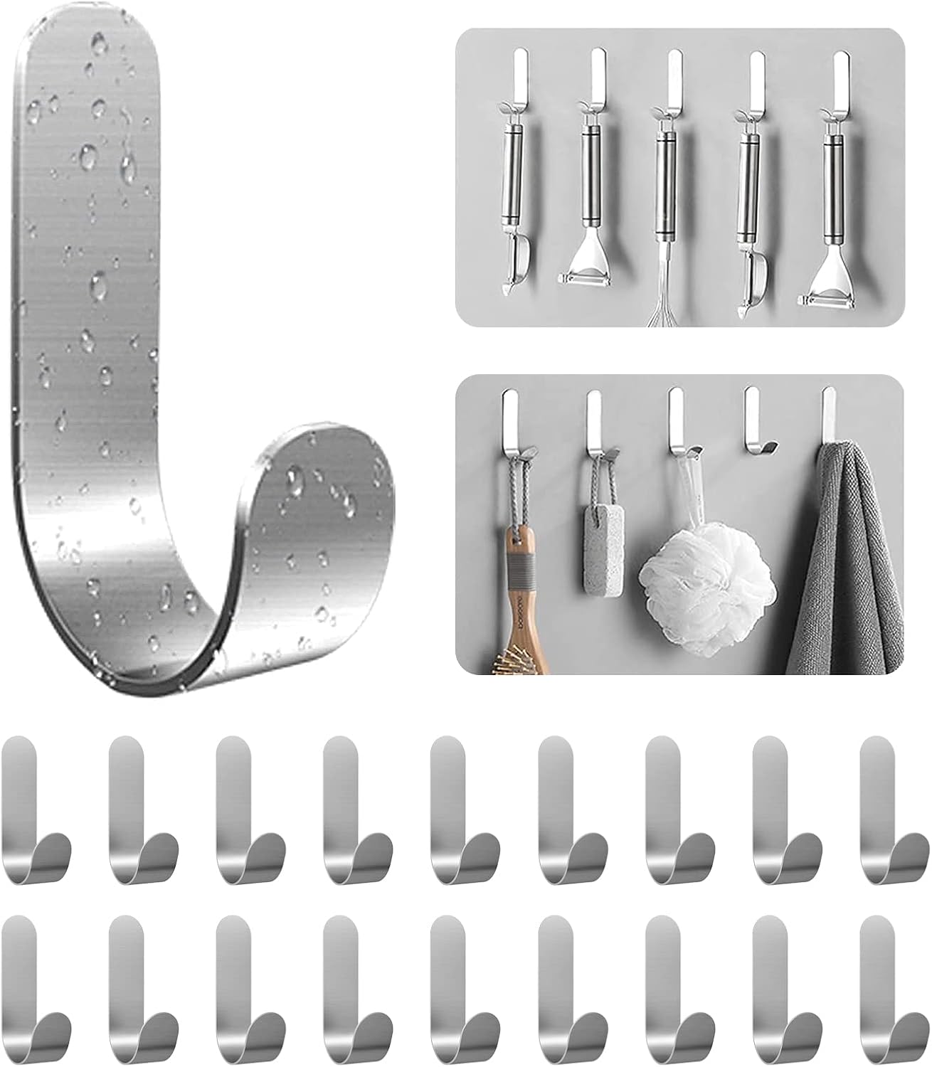 ATDOALL Adhesive Towel Hooks, 20 PCS Stainless Steel Self Adhesive Wall Hooks, Black Heavy Duty Shower Hook, Waterproof Oilproof Rustproof for Bathroom, Kitchen, Living Room