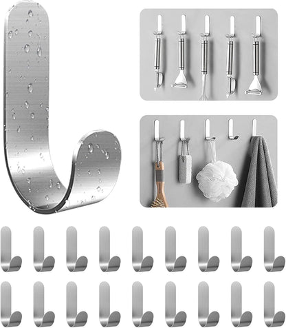 ATDOALL Adhesive Towel Hooks, 20 PCS Stainless Steel Self Adhesive Wall Hooks, Black Heavy Duty Shower Hook, Waterproof Oilproof Rustproof for Bathroom, Kitchen, Living Room