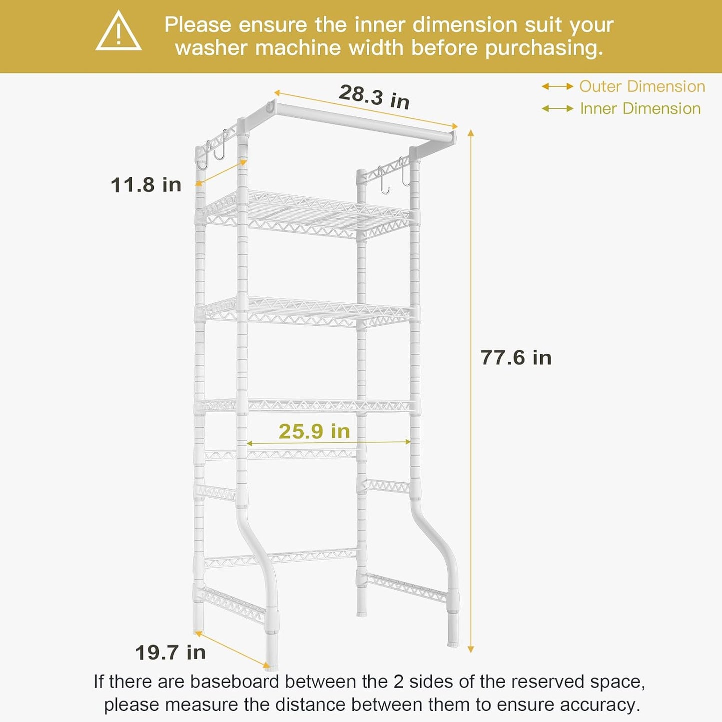 Ulif U11 Over Washer and Dryer Shelves, 3 Tiers Laundry Room Storage and Organizer Standing Shelf, Metal Freestanding Clothes Drying Rack, 33.9" W x 19.7" D x 77.6" H, Black