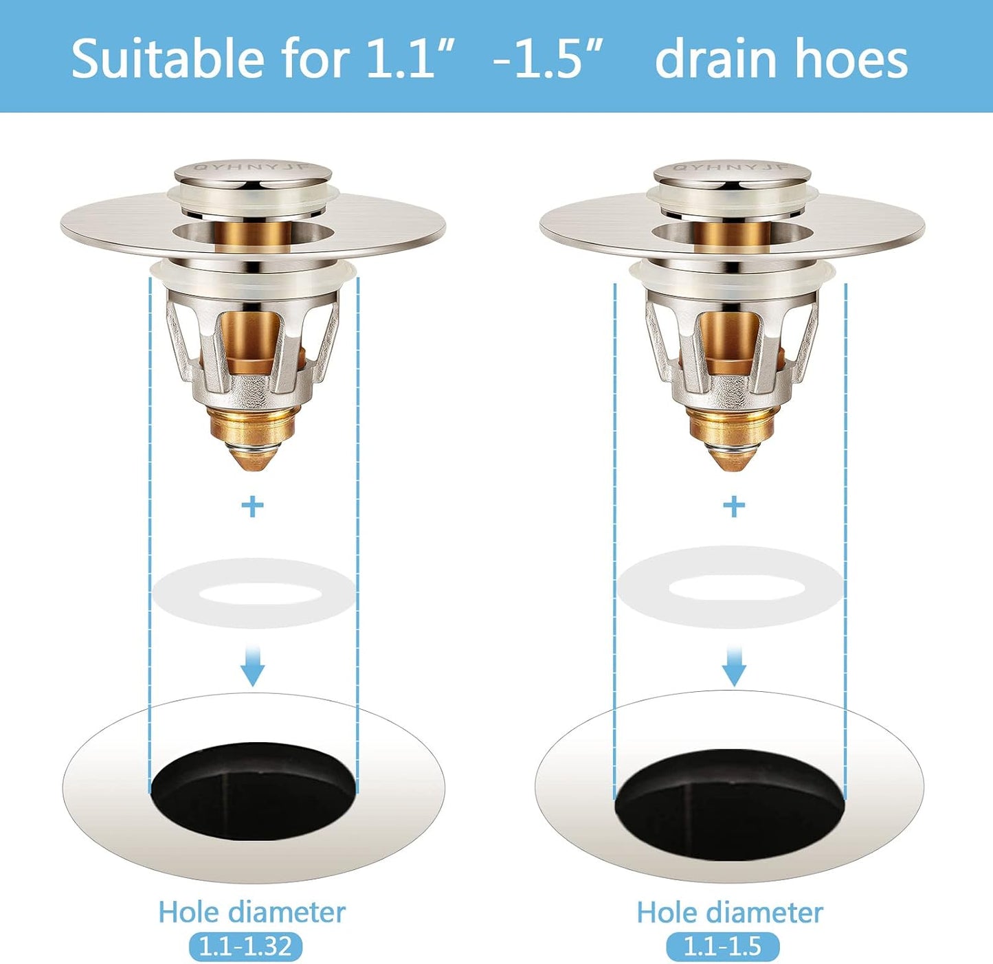 QYHNYJF Bathroom Sink Stopper with Hair Catcher – Universal Pop-Up Drain Strainer for 1.1–1.5 inch US Standard Sink Drain Holes, Anti-Clog Basin Stopper, Silver