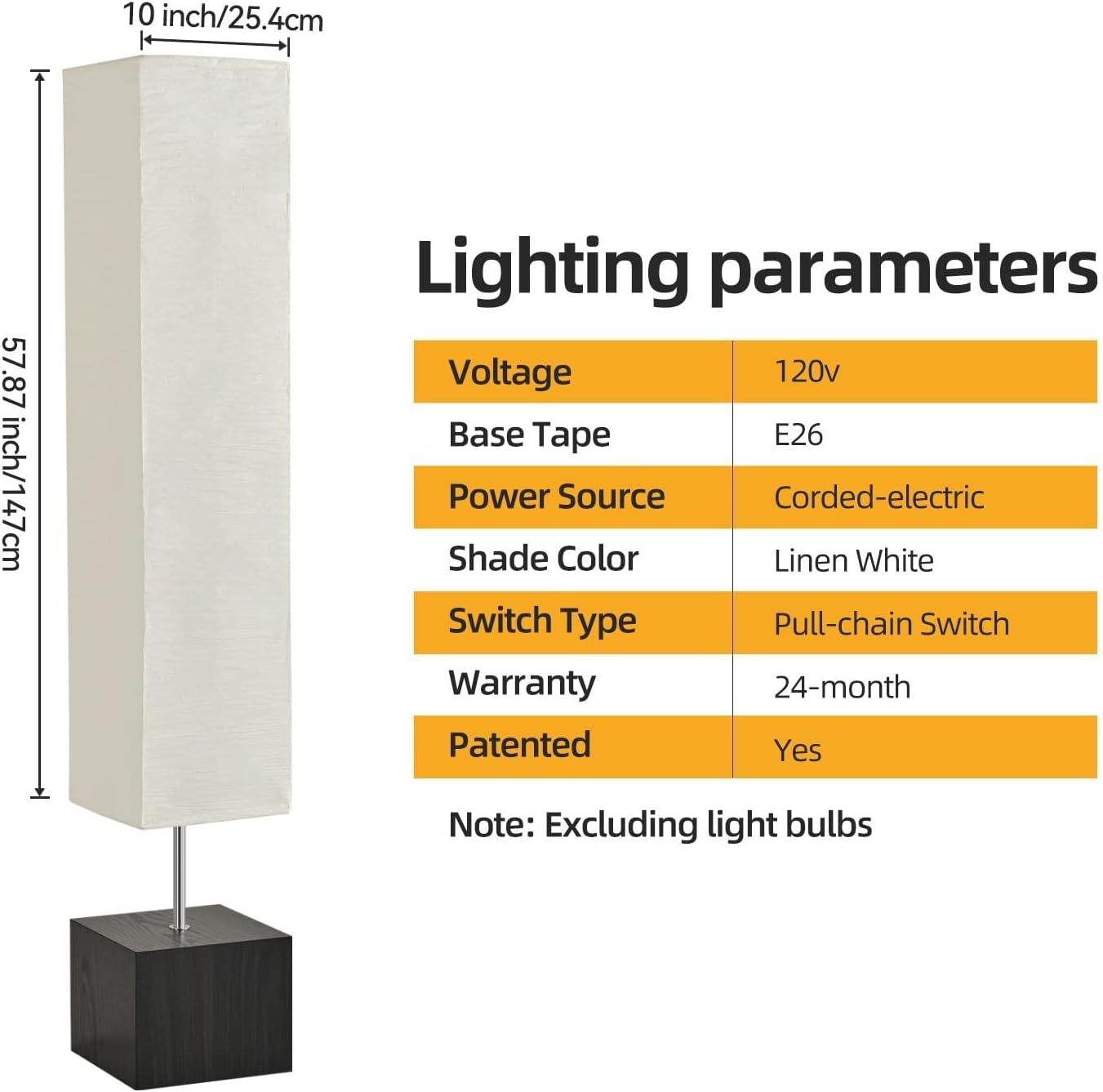 Column Floor Lamp – Natural Wood Base&Rice Paper, Japanese lamp，with Square Base for Living Room,Office, Kids Room, Reading, Home Decor, Off White, 58"