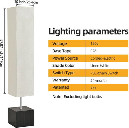 Column Floor Lamp – Natural Wood Base&Rice Paper, Japanese lamp，with Square Base for Living Room,Office, Kids Room, Reading, Home Decor, Off White, 58"