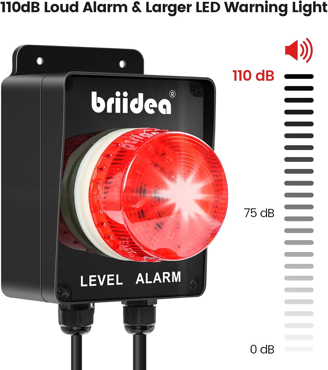 Sump Pump Alarm, Briidea Indoor/Outdoor High Water Septic Tank Alarm with 110dB Loud Alarm and Large LED Indicator, 10ft Level Float Switch, Ideal for Septic Sump Pump Pond Water Tank
