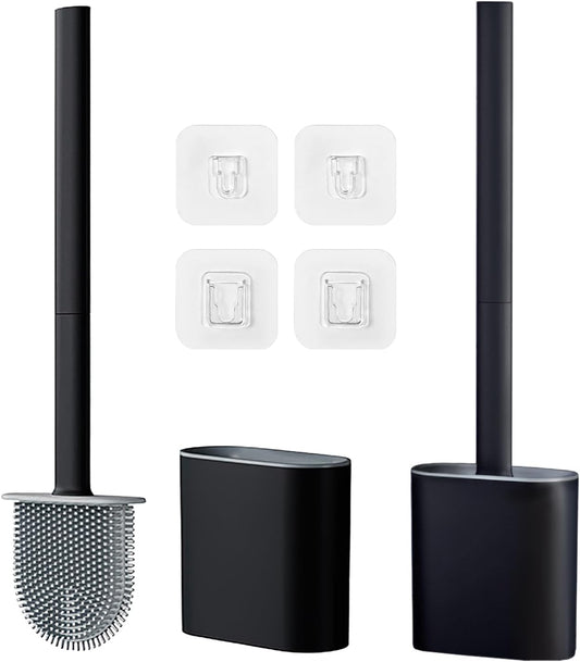 Toilet Brush and Holder Set, Wall Mounted Toilet Bowl Brush Head with Silicone Bristles, 2 Pack Black Compact Size for Storage and Organization Scrub Brush for RV Bathroom Accessories