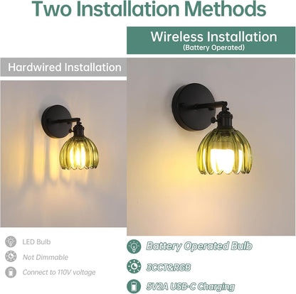 Shenmoyl Vintage Battery Operated Wall Sconce with Transparent Tulip Glass Lampshade Rechargeable Battery Powered Wall Light with Remote Control for Bedside Bedroom Doorway, Set of 2